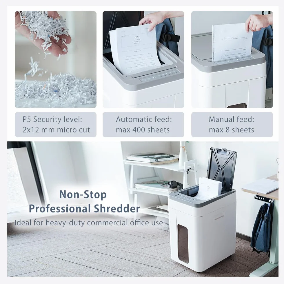 Destructora Papel Automática Profesional: 400 Hojas Microcorte P-5 Non Stop Destruye Tarjetas/Grapas con Cubo 50L para Oficina Casa Clínicas Hospitales Centros Educativos