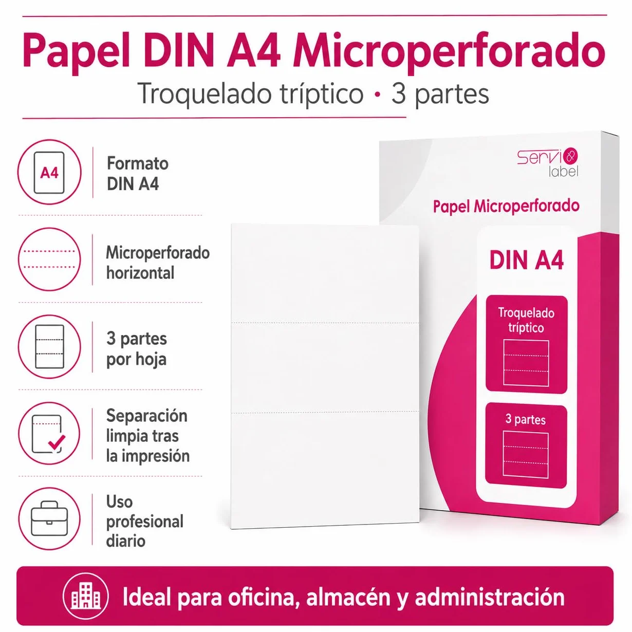 Pack 1000 Papel Microperforado DIN A4 | 3 Partes Troqueladas | Corte por la Mitad | Para Impresión de Albaranes Recibos Facturas y Documentos