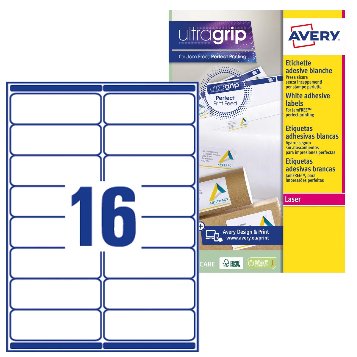 Avery España L7162-250 - Etiquetas adhesivas blancas ideales para para envios paquetes, imprimibles, medida 99.1x33.9mm, Caja de 4000 etiquetas