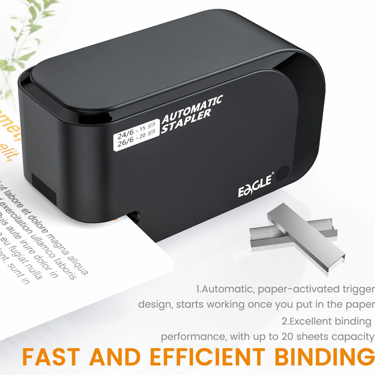 Eagle - Grapadora eléctrica resistente con capacidad para 20 hojas y alimentación por batería o CA (negra)