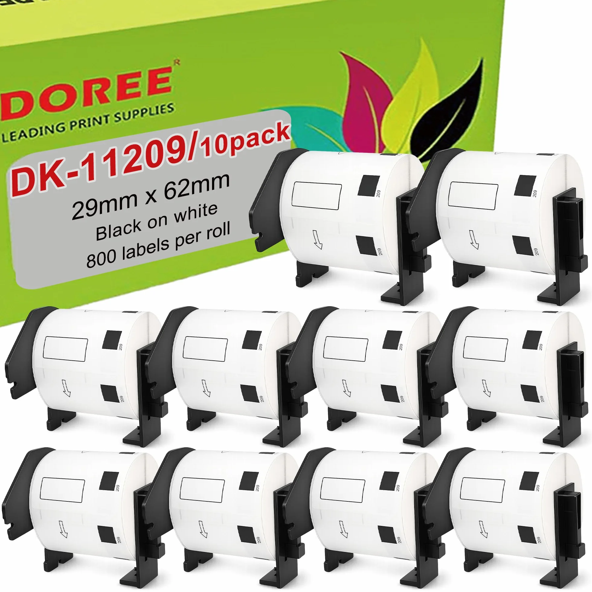 DOREE 10 Rollos DK-11209 Etiquetas de dirección pequeña,compatibles con Brother DK-11209,29 x 62 mm,aptas para impresoras de etiquetas Brother QL-500,QL-570,QL-580,QL-700,QL-800,QL-1100(800 etiquetas)