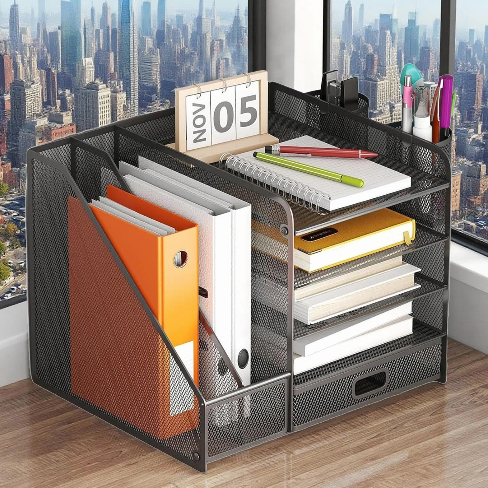 Bandeja de escritorio de malla organizadora - 35x28x30,5cm estante de archivo de 5 capas, soporte de papelería de oficina, papelería de almacenamiento de múltiples capas | Libros de escritorio de