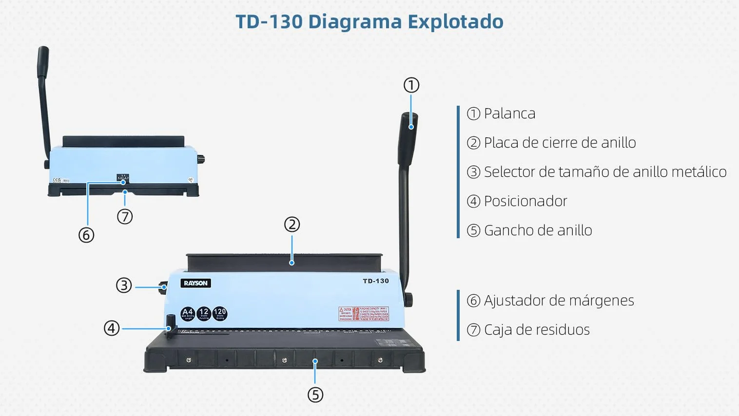 RAYSON Encuadernadora Espiral Metálica, 34 Agujeros, Encuaderna 120 Hojas, TD-130