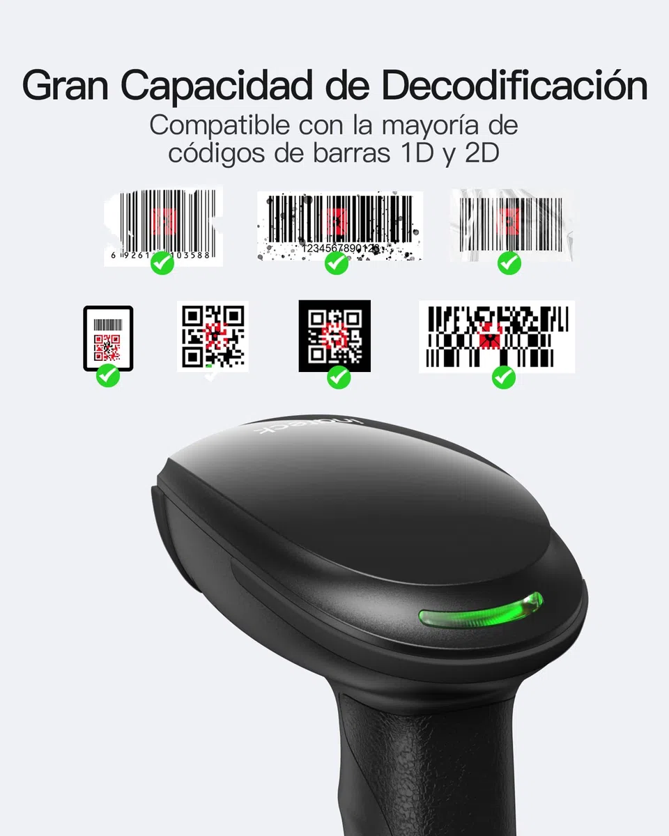 Inateck Escáner de Código de Barras Bluetooth, Lector de Código de Barras Inalámbrico USB 1D 2D Portátil, 1 Carga 3 Meses, Lector Código Barras con App y SDK, BCST-23, Oscuro